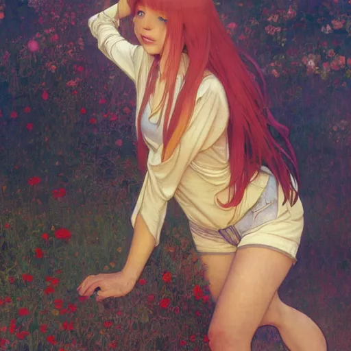 Prompt: A young woman with orange long hair and bangs in shorts and white shirt drawn by Donato Giancola and Makoto Shinkai, frank frazetta, Alphonse Mucha, background by James Jean and Gustav Klimt, 4k, porcelain skin, volumetric lighting, french nouveau, trending on artstation, octane render, hyperrealistic