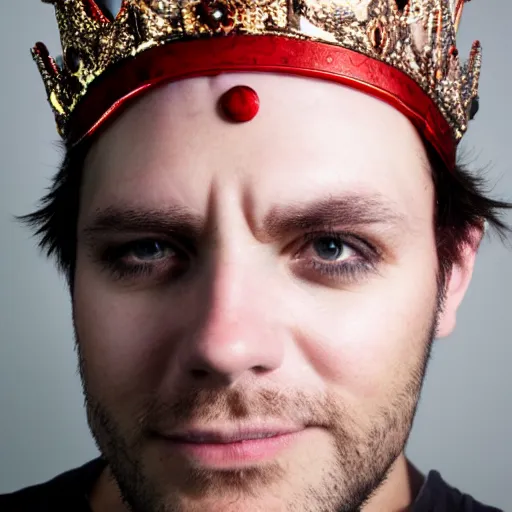Image similar to man with a crown, red eyes, smirk,
