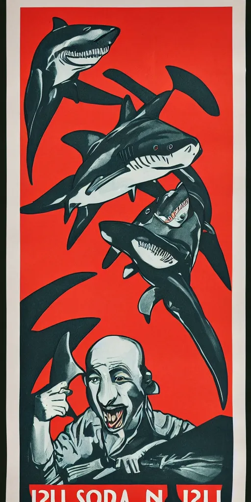 Image similar to propaganda poster for a shark rock star in hell, concert poster