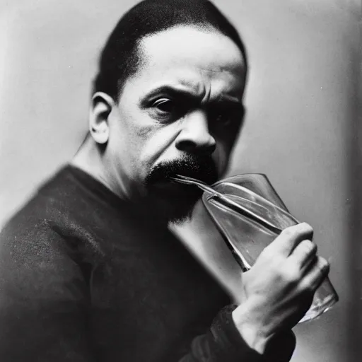 Image similar to tintype photo of ice - t, drinking iced tea with a straw, by julia margaret cameron 1 8 8 0 s, realistic, body shot, sharp focus, 8 k high definition, insanely detailed, intricate, elegant