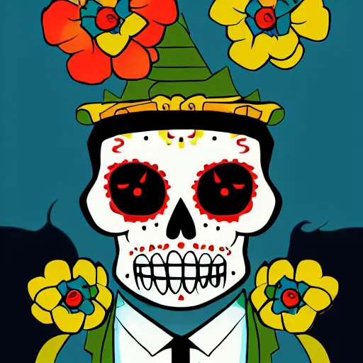 Prompt: manny calavera from grim fandango, game concept art, flat colours, bright colours, mexican day of the dead festival background by peter chan, artstation,