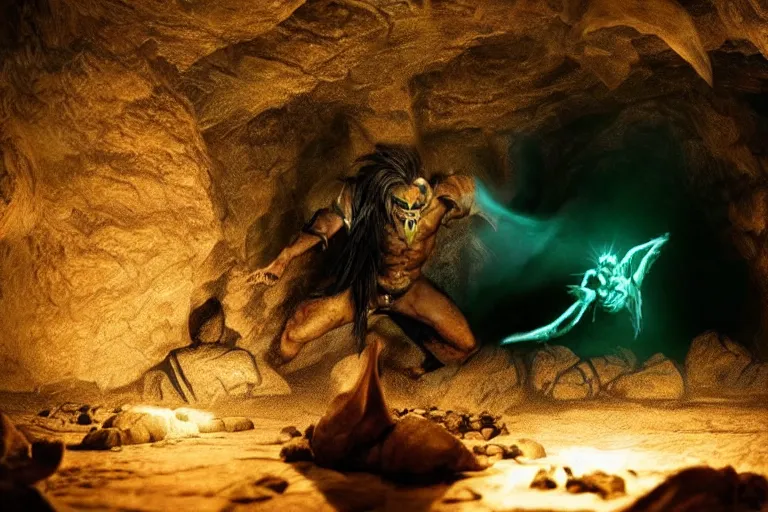 Image similar to vfx film closeup, soul reaver executing enemies, devouring magic souls, in epic ancient sacred cave temple, flat color profile low - key lighting award winning photography arri alexa cinematography, hyper real photorealistic cinematic beautiful, atmospheric cool colorgrade