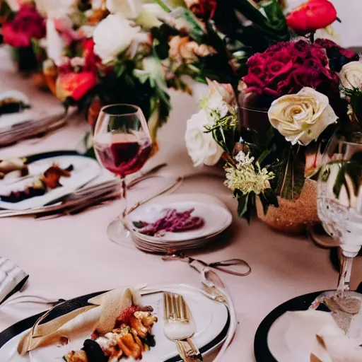 Prompt: closeup photo of a fancy dinner party in which everyone and everything is moist.