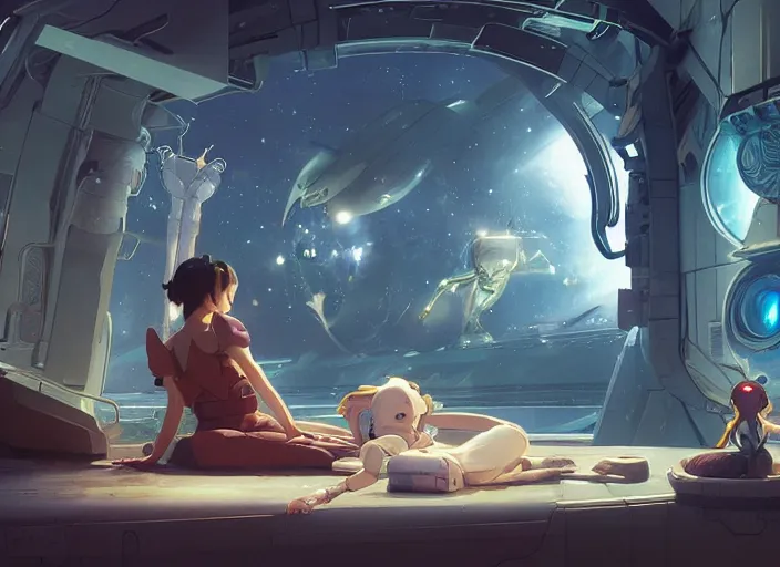 Image similar to a pretty robot girl and her alien space cat sleeping in a spaceport in a space opera ghibli animated film, volumetric lighting, octane render by stanley artgerm lau, greg rutkowski, thomas kindkade, alphonse mucha, loish, norman rockwel, highly detailed