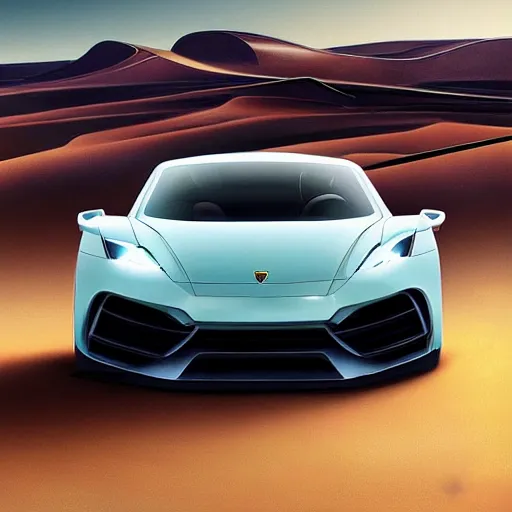 Prompt: electric concept car by porsche and lamborghini, scene in desert, digital art, ultra realistic, ultra detailed, art by greg rutkowski