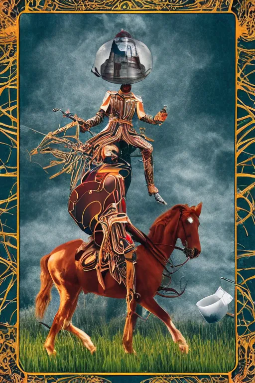 Prompt: self - transforming machine elf riding horse and holding chalice in the style of nordic noir television, dmt fractal tiling across the background, double exposure film, kodak portra film burn, knight of cups, vintage etteilla tarot