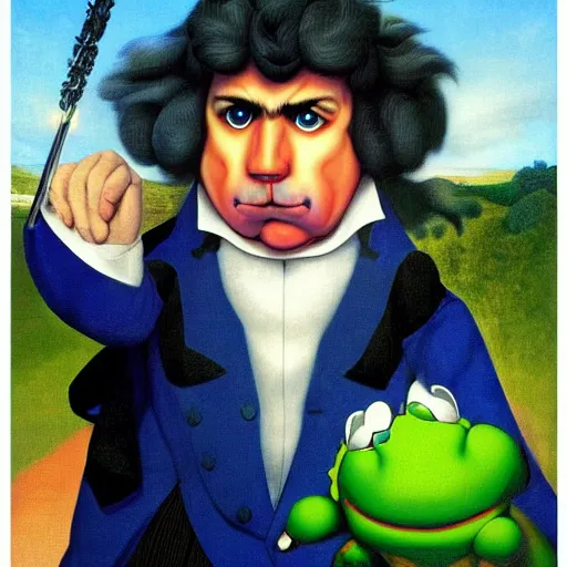 Image similar to a beethoven-koopa-hybrid with blue-hair and a sceptor baton for orchestrating his symphony by Raphael, Hopper, and Rene Magritte. detailed, romantic, enchanting, trending on artstation.