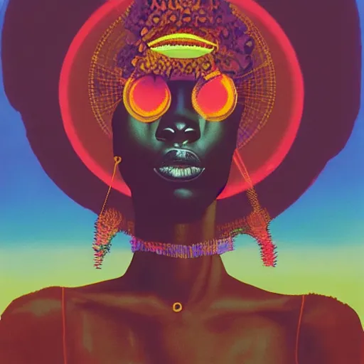 Prompt: an african queen activating her 3rd eye in a solarpunk village by karel thole and amanda sage in a surreal portrait style, oil on canvas, 8k