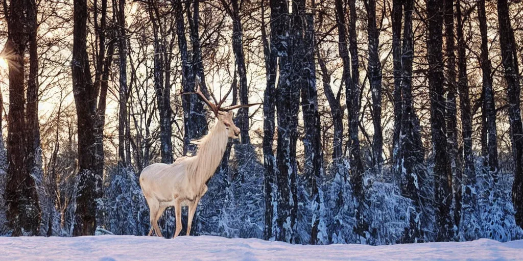 Image similar to a long haired albino elk with a long neck like a giraffe walks thru an enchanted forest, majestic!!! beautiful!!!, ethereal!!!, loving, ultra realistic, winter, golden hour, volumetric lighting, sharp focus