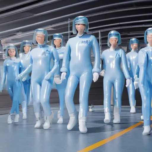 Prompt: troop in formation of athletic humans with light blue latex suits and white hair on a conveyor belt, futuristic chemistry lab, sci - fi, highly detailed, hyperrealistic