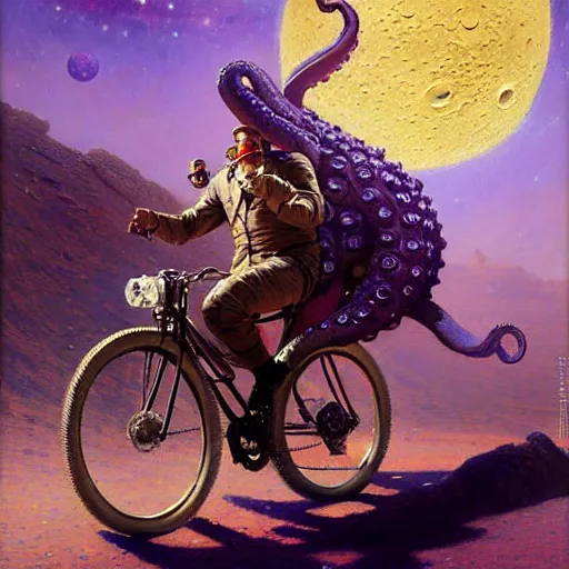 Prompt: a giant purple octopus riding a bicycle on the moon. highly detailed painting by gaston bussiere, greg rutkowski, j c leyendecker 8 k