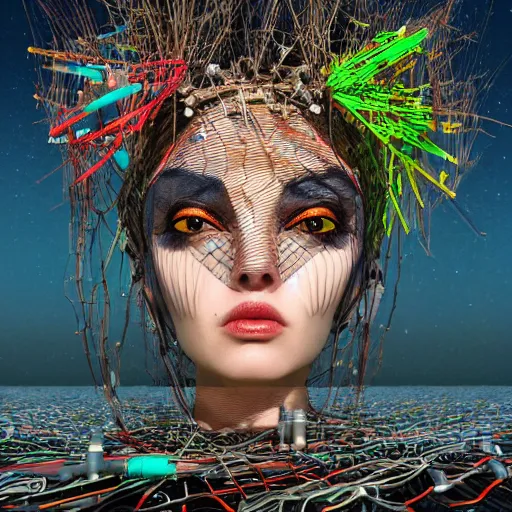 Image similar to deeper into the metaverse we go, piles of modular synth cables mixed with mangrove roots, kawaii puerto rican goddess swimming up wearing a headpiece made of circuit boards, by cameron gray, wlop, stanley kubrick, masamune, hideki anno, jamie hewlett, unique perspective, trending on artstation, 3 d render, vivid