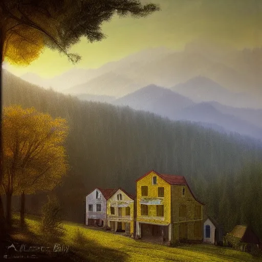 Prompt: yellow square houses on a mountain, digital art, trending on artstation, HDR, by Albert Bierstadt