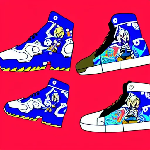 Prompt: fantasy jrpg sneaker design designed by capcom megaman, chrono trigger guilty gear sneaker styles, aztec mayan street fashion native punk sneaker design, focus on megaman hip hop sneaker design with subtle mayan patterns, trending on pixiv fanbox, painted by akira toriyama and studio ghibli princess mononoke megaman capcom