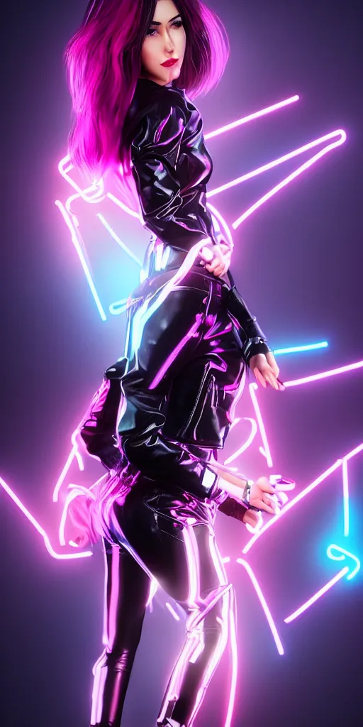 Image similar to a photo of 8k ultra realistic a black haired female rock star in high heels and a black leather jacket, pink and blue neon, cinematic lighting, trending on artstation, 4k, hyperrealistic, focused, extreme details, unreal engine 5, cinematic, masterpiece