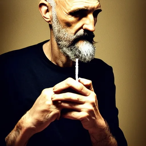 Image similar to very accurate photo, very coherent image, hyper realistic photo of a man holding a cigarette in a hand, by Omar Reda, Tim Booth, award-winning shot