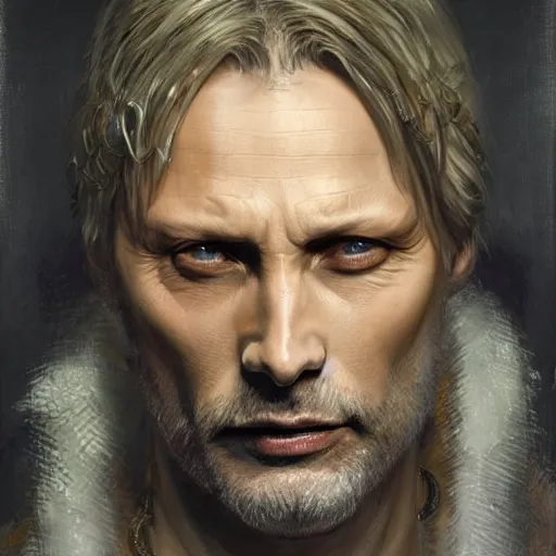 Prompt: Mads Mikkelsen as a fantasy D&D character, portrait art by Donato Giancola and Bayard Wu, digital art, trending on artstation, 4k