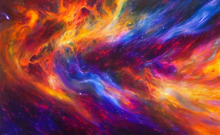 Prompt: an abstract oil painting of an unbelievably beautiful space nebula; swirling sheets of light and fire; hyper-detailed; an extraordinary masterpiece!!!; flawless; trending on artstation