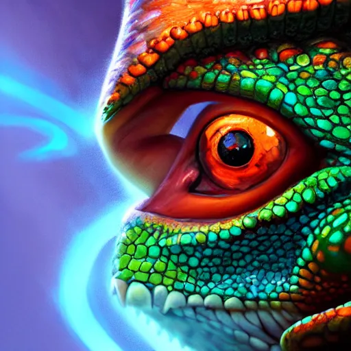 Prompt: close up portrait of a young chameleon lizard man as a wizard, pixar style, stylized face, intricate detail, digital painting, glowing orange eyes, neon colors, whimsical, particles floating, background by wlop, artwork by ross tran and ramond swanland and liam wong and mike winklemann, trending on artstation