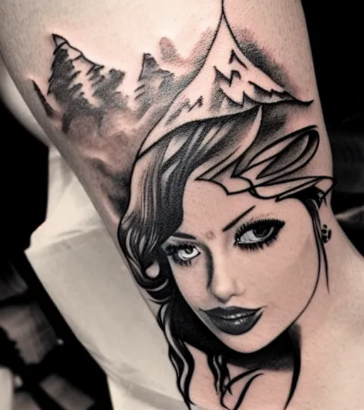 Prompt: tattoo design sketch of a beautiful girl with, faded mountain background, in the style of den yakovlev, black and white, realism tattoo, hyper realistic, highly detailed
