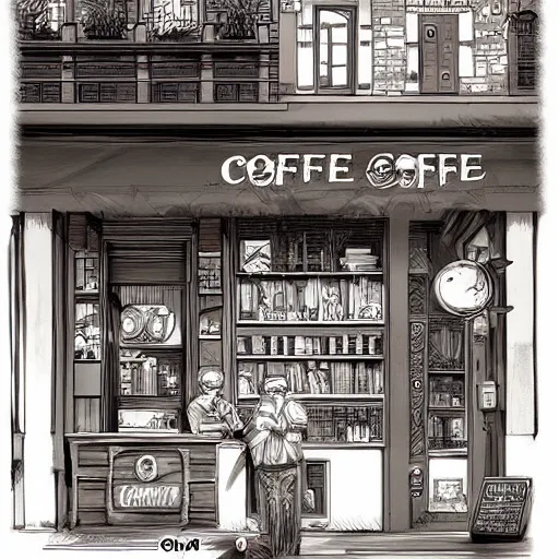 Prompt: an intricate concept art illustration of a coffee shop, style artgerm