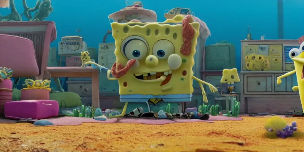 Image similar to a very high resolution image from a new movie of spongebob's home. beautiful scenery, photorealistic, photography, directed by wes anderson