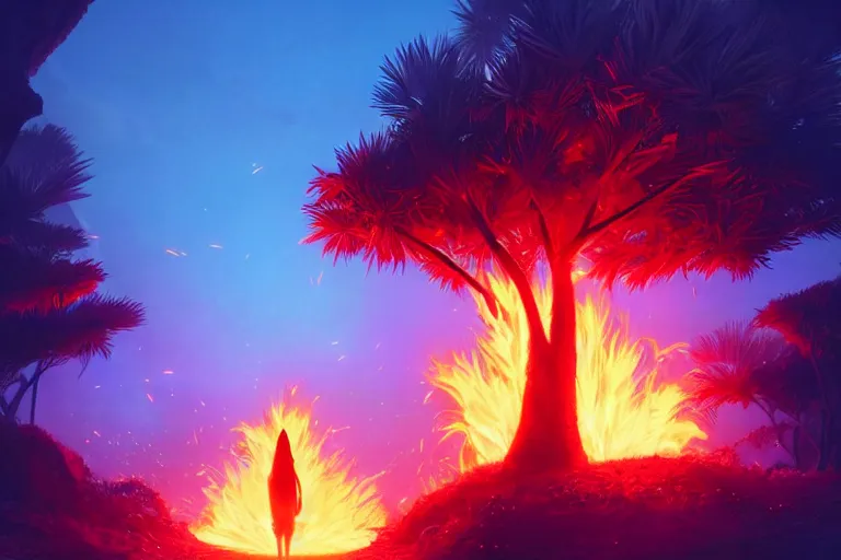 Prompt: 4K hyper detailed portrait of a Fiery Palm tree igniting a black background, sending flickering aesthetic firefly ashes towards viewer by Makoto Shinkai, by Artgerm, by beeple, by Greg Rutkowski, volumetric lighting, octane render, 4K resolution, trending on artstation, masterpiece