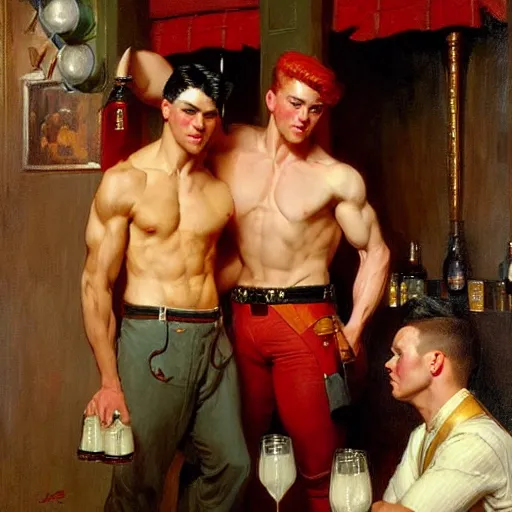 Image similar to drinking their hearts out, in a pub. attractive muscular male with red hair and attractive muscular male with black hair. pants, very defined painting by j. c. leyendecker, gaston bussiere, craig mullins 8 k