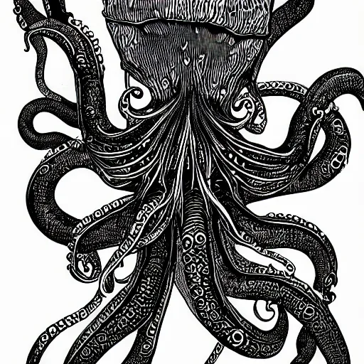 Image similar to detailed intricate black and white illustration of an alien octopus