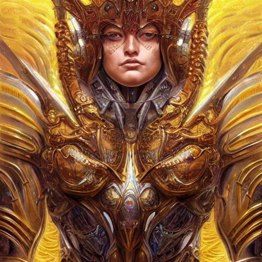 Prompt: a beautiful symmetrical muscular body wearing an armor made of golden ornaments and gems by alex gray and android jones , Karol Bak, Ayami Kojima, Amano , concept art, character design, fantasy,3D, 8k resolution