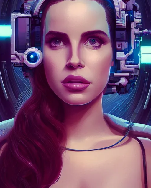 Image similar to portrait of lana del rey as a cyborg. intricate abstract. intricate artwork. by tooth wu, wlop, beeple, dan mumford. octane render, trending on artstation, greg rutkowski very coherent symmetrical artwork. cinematic, hyper realism, high detail, octane render, 8 k, iridescent accents