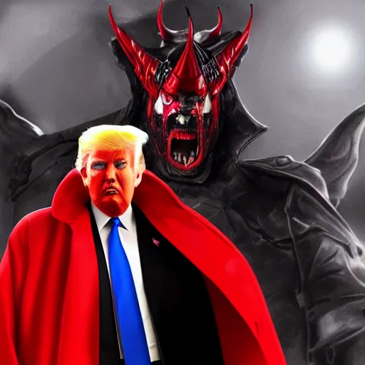 Image similar to concept art of donald trump as satan, red and black, evil armor, 4k, unreal engine highly detailed dramatic