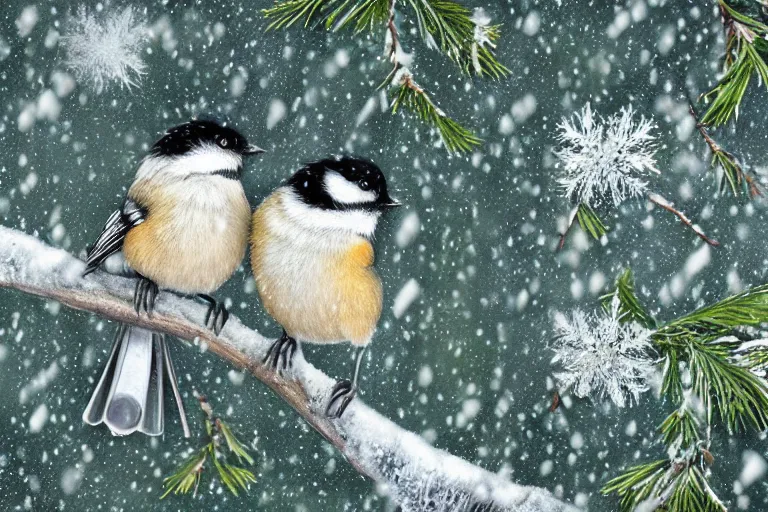 Prompt: a pair of chickadees, sitting on the branch of a mountain ash tree, with red berries and icicles hanging down, in the winter, snowing, gray sky with wispy clouds, highly detailed digital art