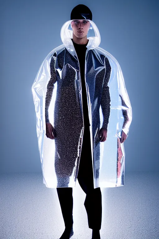 Image similar to an ultra high definition professional high fashion portrait studio full length photograph of a male model wearing a transparent pearlescent raincoat and neon visor in an icelandic black rock environment at dawn. no artefacts. extremely detailed. stark. refraction. shallow depth of field. volumetric light and shadow. ray tracing. light rays.