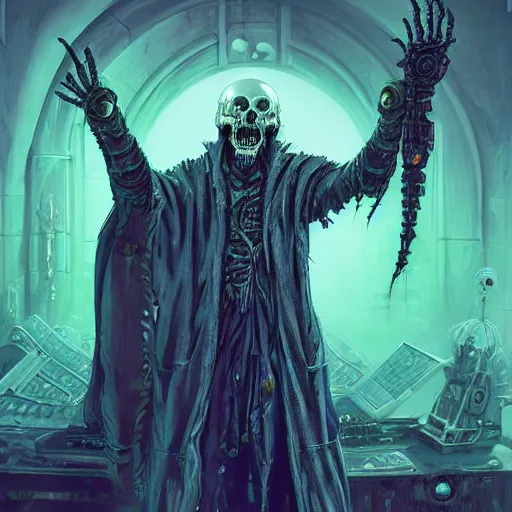 Prompt: cyberpunk undead lich ilithid mindflayer playing synthesizers, honeycomb skull structure, D&D, highly detailed, realistic, technology and magic,