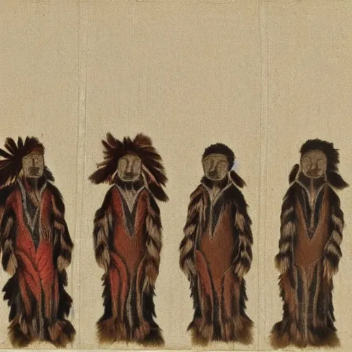 Image similar to group of five looming figures with fur skins, they create a dark court yard of a small house