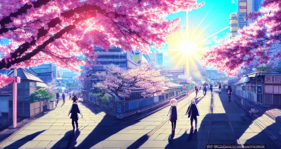 Prompt: anime style cityscape, spring season city, cherry blossoms blowing in the wind, day time, sun high in the sky, sun glare, clear weather, blue sky, tokyo japan, some people walking, people are detailed, high detail and sharp, detailed shading, trending on artstation, wallpaper, anime art style, kyoto animation productions, koyoharu gotouge