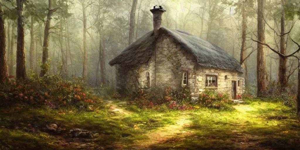 Image similar to a painting of a cottage in the woods and empty woods, 8k, fantasy, hyper realistic, atmospheric, cinematic