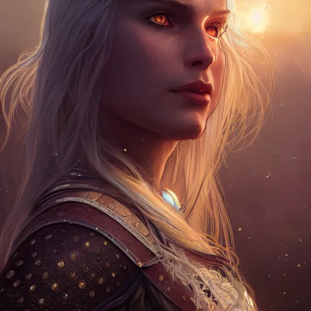 Image similar to close up portrait of a beautiful female witcher, shiny, glowing hair, subsurface scattering, artistic, magical background with light rays, fantasy atmosphere. art by artgerm, greg rutkowski and alphonse mucha, highly detailed, intricate, lifelike. sci - fi, fantasy, magical, octane render,