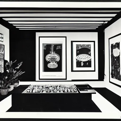 Prompt: A black and white offset lithography of an exhibition space with works of Sun Ra, Marcel Duchamp and tropical plants, 60s, Modern Art