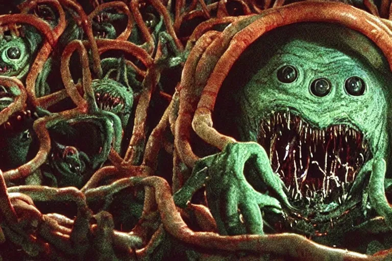 Prompt: scary filmic wide shot angle movie still 35mm film color photograph of a shape shifting horrific nightmarish abstract alien organism from The Thing 1982 with grotesque distorted multiple human faces spewing toxic liquid from an alien plant made out of flesh, in the style of a horror film