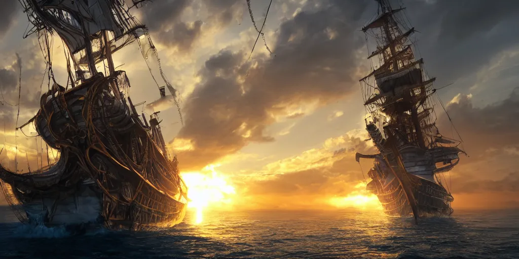 Prompt: medieval woman ship pilot from behind standing on a single ship at sea, dramatic golden neon sunset with tornado wall, wearing shiny breastplate, dynamic lighting, hyperrealistic, HD 4k, artstation