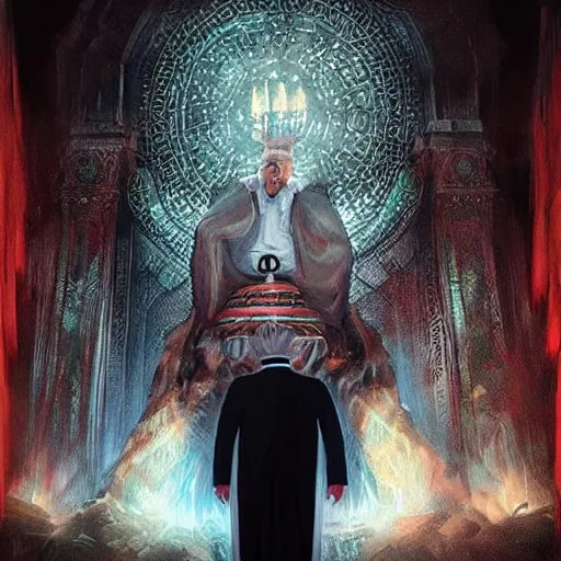 Image similar to Donald Trump praying to the Dark Gods at the unholy temple of DarkMAGA, highly detailed, digital art by Ross Tran and Greg Rutkowski