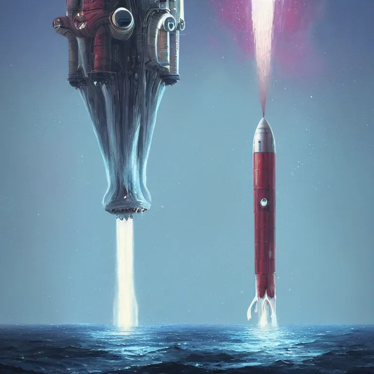 Image similar to mechanical spaceship called the nautilus dripping wet emerging from a the ocean, launching to space, big booster rocket engines, sci - fi concept art, by john harris, by simon stalenhag, stunning, award winning