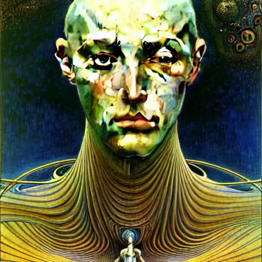 Image similar to realistic extremely detailed portrait painting of an average futuristic man by Jean Delville, Amano, Yves Tanguy, Alphonse Mucha, Ernst Haeckel, Edward Robert Hughes, Roger Dean, rich muted pastel moody colors, gold eyes