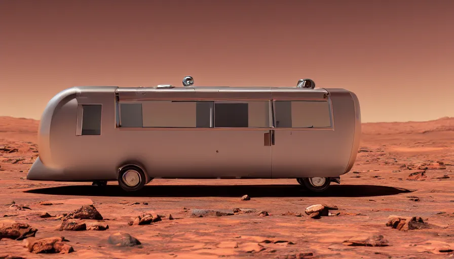 Prompt: professional photograph of a beautiful futuristic copper Winnebago designed by Buckminster Fuller in a picturesque desert on Mars. The Winnebago is floating, and has no wheels. Astronauts are standing nearby, racking focus, depth of field, extreme panoramic, Dynamic Range, HDR, chromatic aberration, Orton effect intricate, elegant, highly detailed, artstation