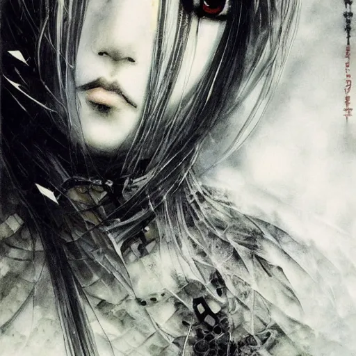 Image similar to Yoshitaka Amano blurred and dreamy illustration of an anime girl with pirate eye patch, wavy white hair and cracks on her face wearing Elden ring armour with the cape fluttering in the wind, abstract black and white patterns on the background, noisy film grain effect, highly detailed, Renaissance oil painting, weird portrait angle