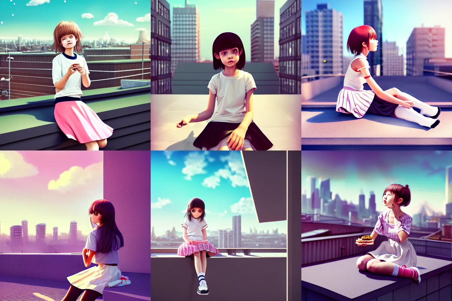 Prompt: photorealistic, girl sitting on a rooftop, cute kawaii girl, wearing skirt and high socks, having a snack, looking up, magic eyes, digital art, concept art, best of 2023 on artstation style, simulation, structure, fine, wide angle, natural light, volumetric, behind is a large scale city