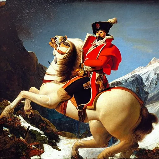 Prompt: Napoleon crossing the alps riding a Ducati motorcycle, oil on canvas by Jaques-Louis David at the National Gallery, outstanding dramatic baroque masterpiece