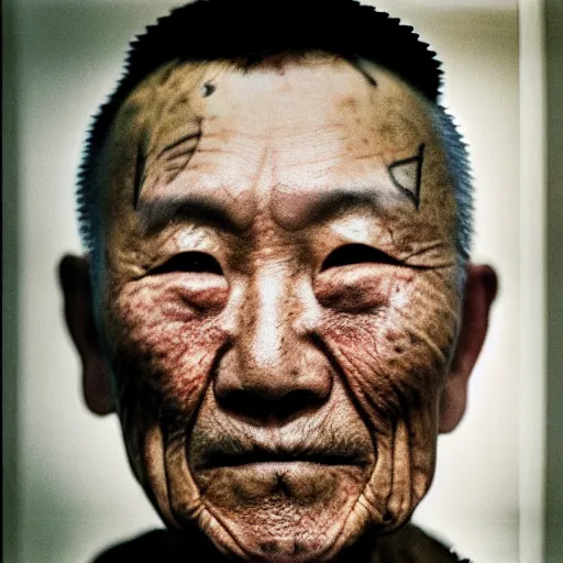 Prompt: a portrait of octogenarian prisoner justin sun with face tattoo of qrcode in prison looking through the laser of his cell, by annie leibovitz, shallow depth of field, cinematic lighting